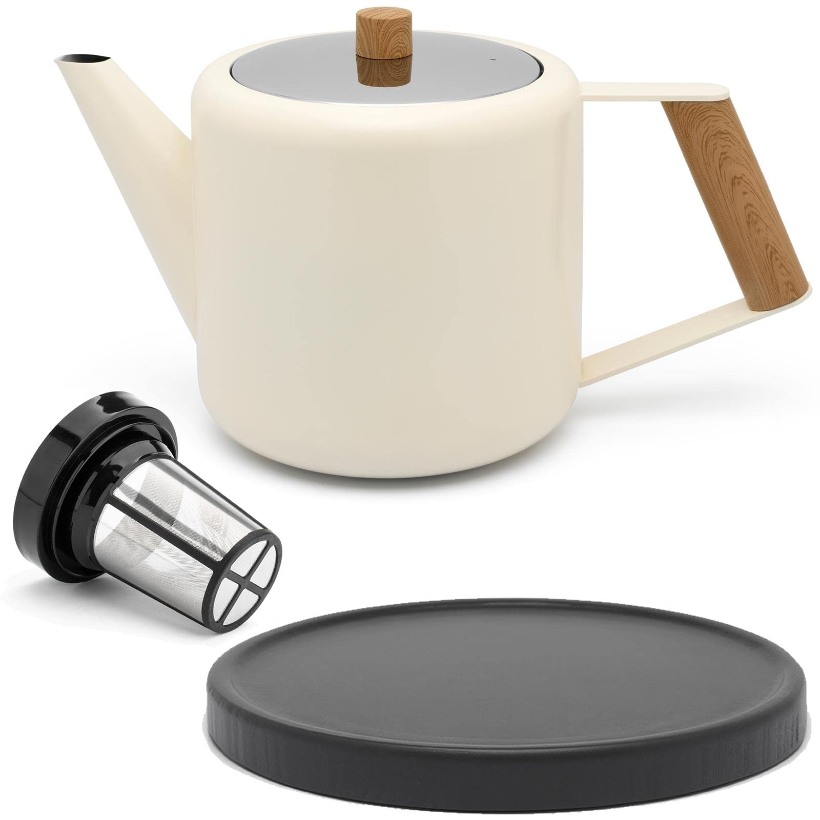 Bredemeijer Teekanne Set 1.1 Liter - Edelstahl doppelwandig Creme-Weiß - Großer moderner Teebereiter mit Tee-Filter-Sieb-Aufsatz für losen Tee - inkl. Holz-Untersetzer schwarz