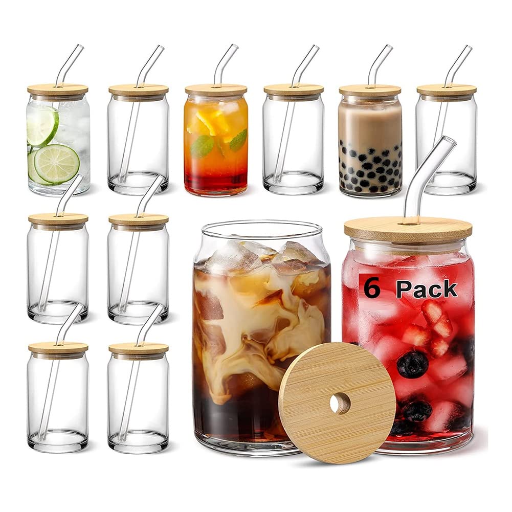 Juego de 6 vasos de cristal con tapas de bambú y pajita de cristal, vasos en forma de lata de cerveza, vasos de café helado de 16 onzas