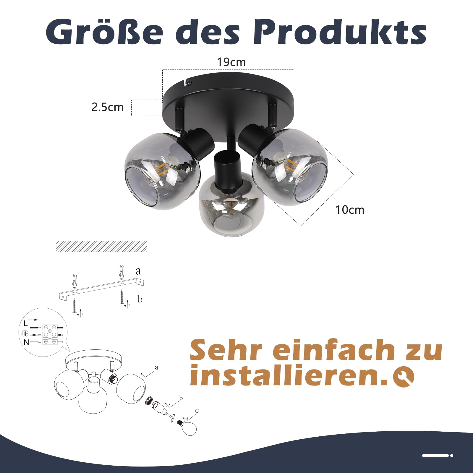 CBJKTX Deckenstrahler 3 Flammig Deckenspots Schwarz - 350° Schwenkbar E14 Spots Glas Strahler Rauchgrau Modern küchenlampe für Flur Küche Wohnzimmer（Ohne Lichtquelle）