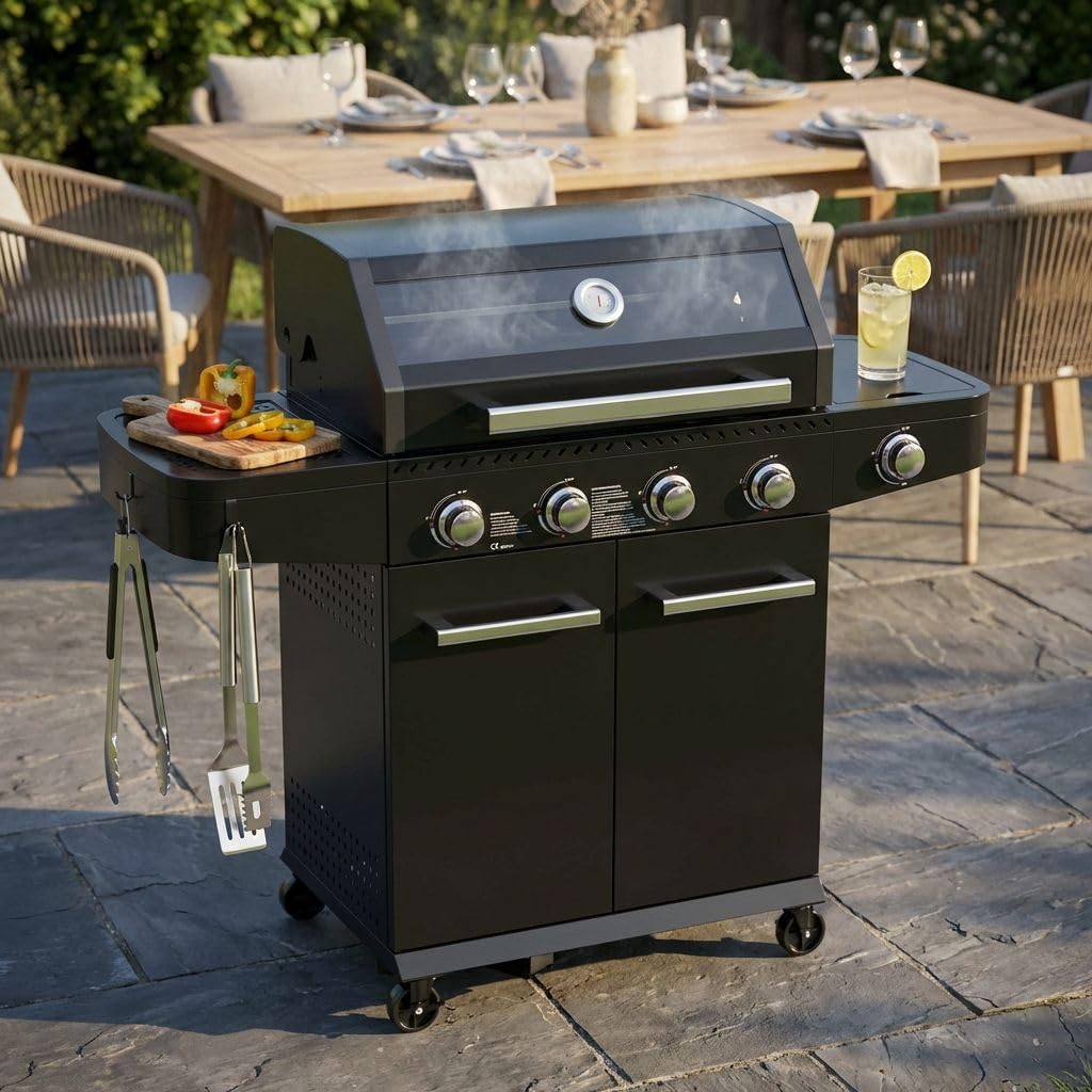 Milani Home - barbecue a gas da giardino, 4 fuochi + fornello laterale, metallo, con coperchio e ruote, nero