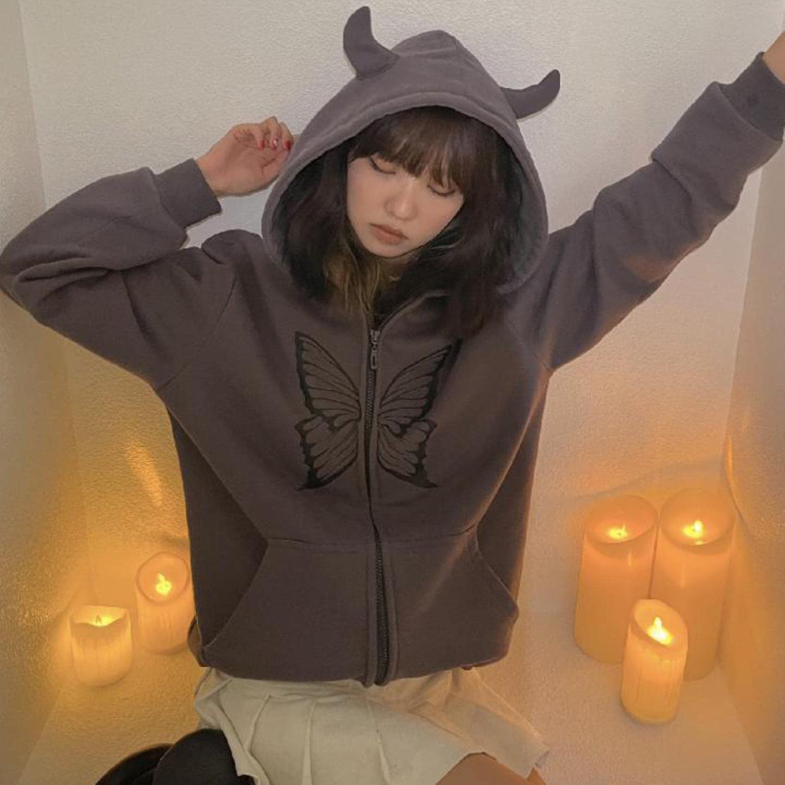 Abbigliamento Donna, Felpa con Cappuccio con Cerniera e Stampa a Farfalla da Donna Hip-Hop, Maglione Oversize da Donna, Grigio, S