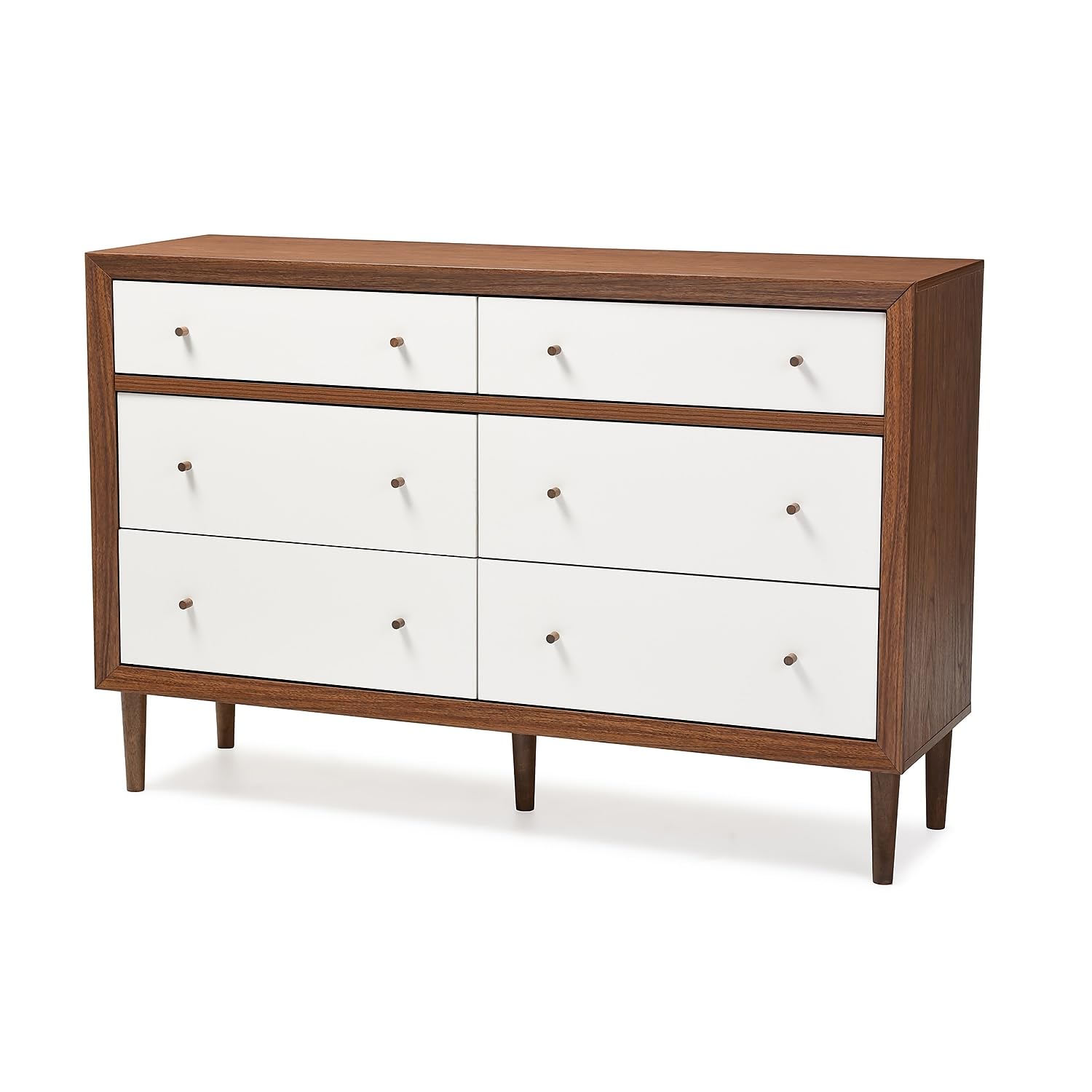Baxton Studio Harlow Mid-Century Modern Scandinavian Style White and Walnut Wood 6-Drawer Storage Dresser : Home & Kitchen