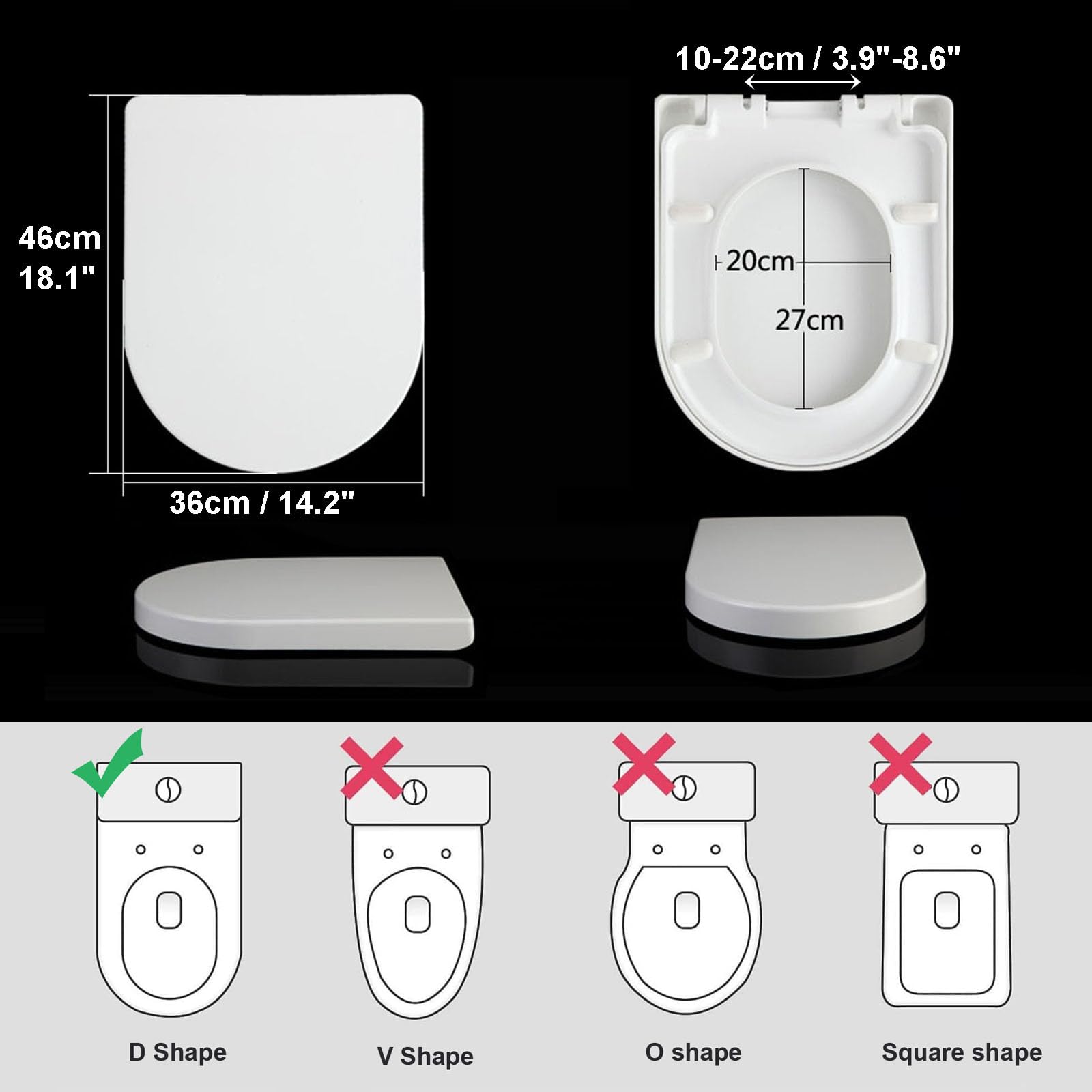 Sedili WC Soft Close Bianco， Sedile WC a Forma di D， Sedile WC Soft Close con sgancio rapido Bianco， Raccordi di Fissaggio Superiori Copriwater per Bagno di，36 * 46cm