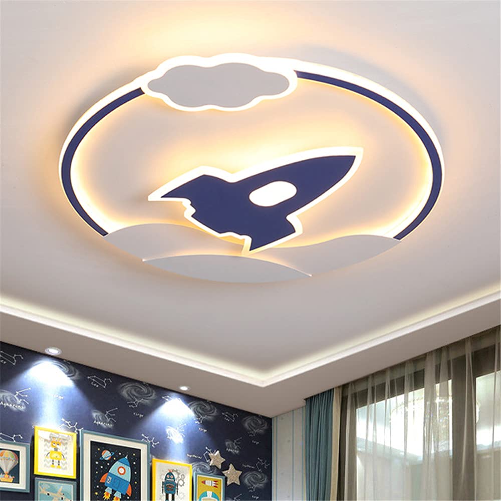 Kids Bedroom LED Ceiling Light Boys Room Cartoon Blue Rocket Space Airplane Theme Flush Mount Light Fixture Close to Ceiling Lamp for Kids Boy’s Bedroom Children Room (Stepless Dimming) 0(Warm Light