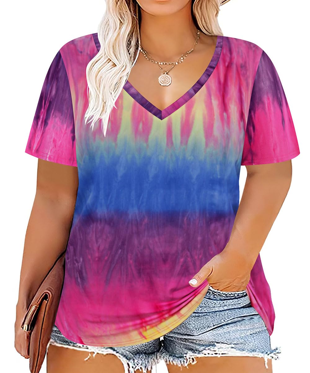 CARCOS Plus Size Tops for Women Short Sleeve Shirts Basic Tee Solid Color Blouse V Neck Tunic Loose Fit Tshirts Summer XL-5XL