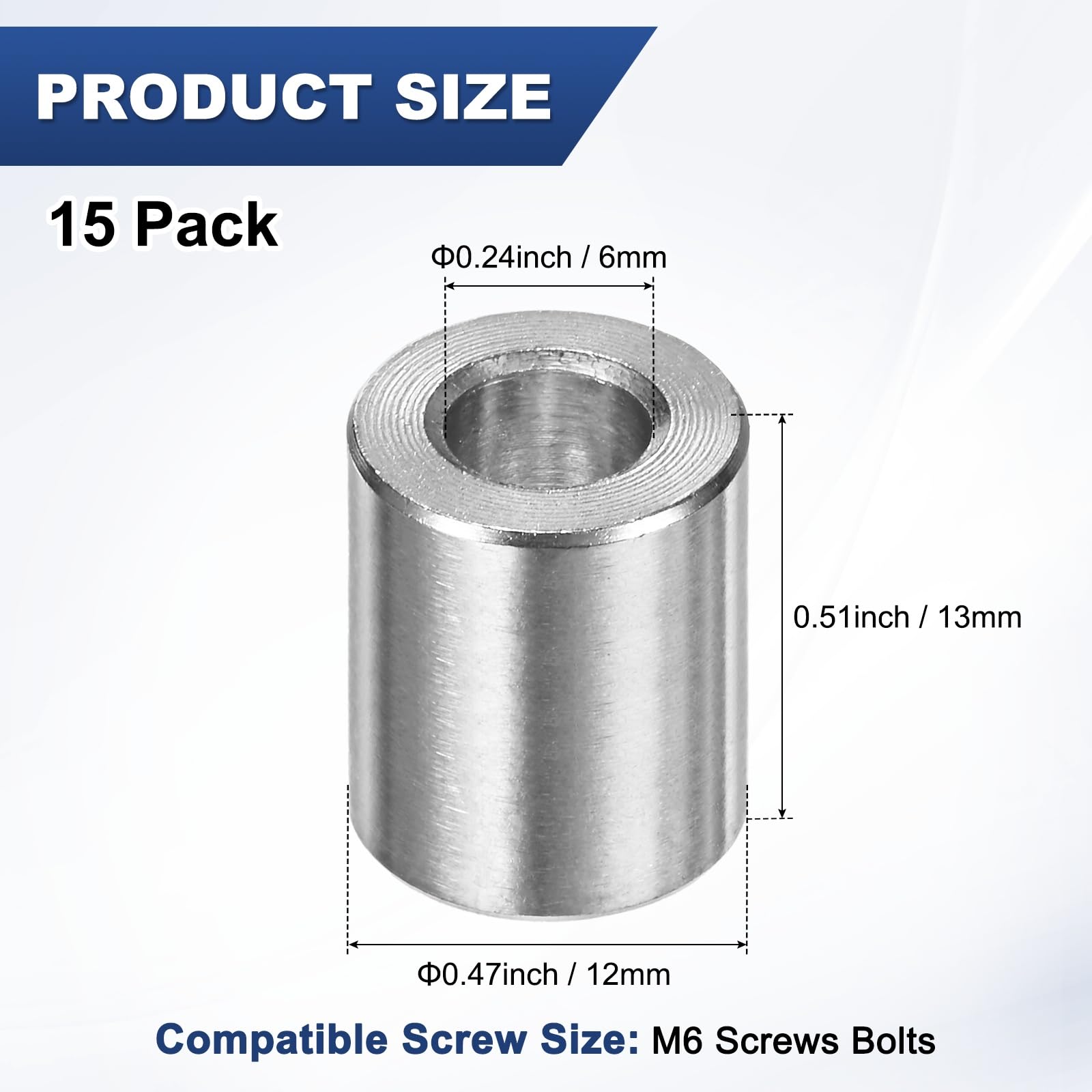 M METERXITY 15PCS M6 304 Stainless Steel Spacers 6mm ID x 12mm OD x 13mm l Metal Screw Standoff Bushing Plain Finish Round Spacer 304 Stainless Steel for Screws Bolts Silver - Image 3