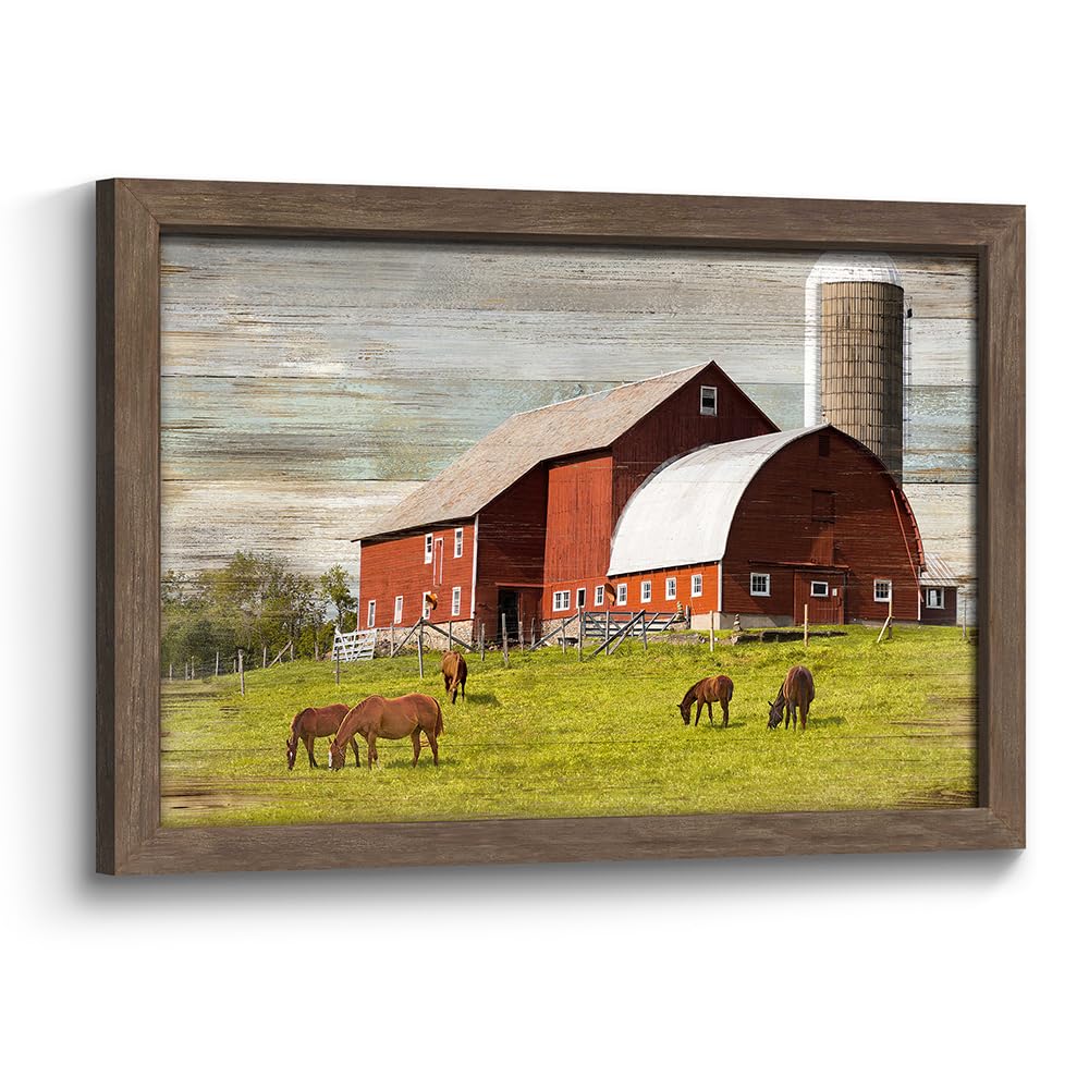 Farmhouse Wood Wall Art Framed: Rustic Landscape Picture Old Country Barn Painting Decor Countryside Farm Animal Landscape Artwork for Bedroom Living