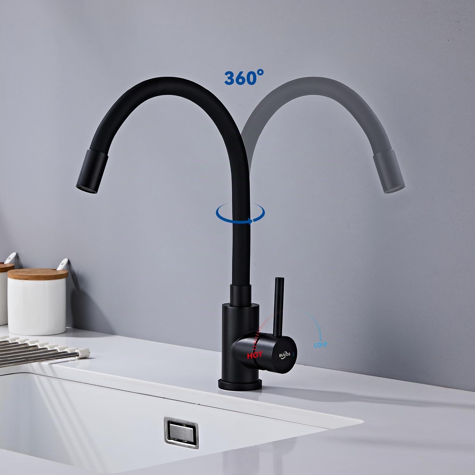Grifo Fregadero Cocina Negro, Grifo Cocina Flexible, Mezclador Cocina Giratiorio a 360°, Monomando de Alta Presión, Grifos Cocina de Acero Inoxidable, Ahorro de Agua