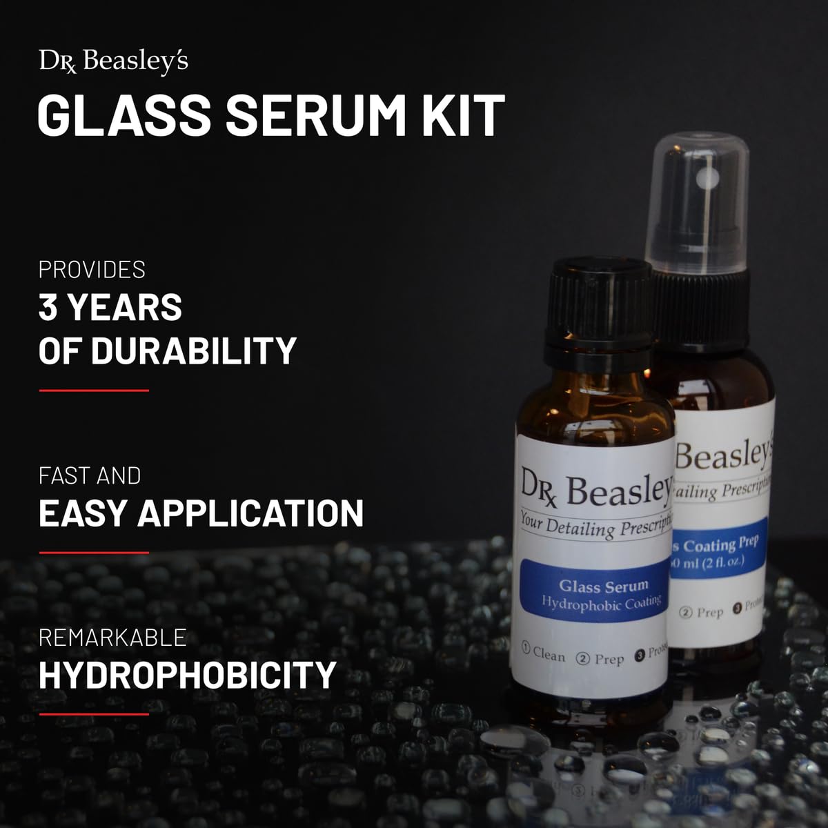 Dr. Beasley's Glass Serum Kit - Semi-Permanent Ceramic Coating, Water-Repelling, Easy-Cleaning, UV Protection, Perfect Clarity