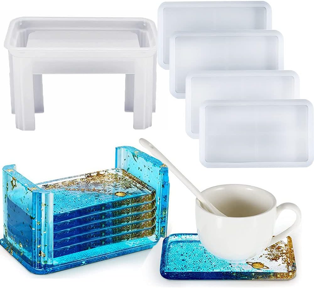 Tuklye 4PCS Coaster Silicone Molds for Epoxy Resin with Storage Box, Rectangle Silicone Epoxy Casting Molds for DIY Art Craft Cup Mat, Coaster Home Decor Resin Art Gift