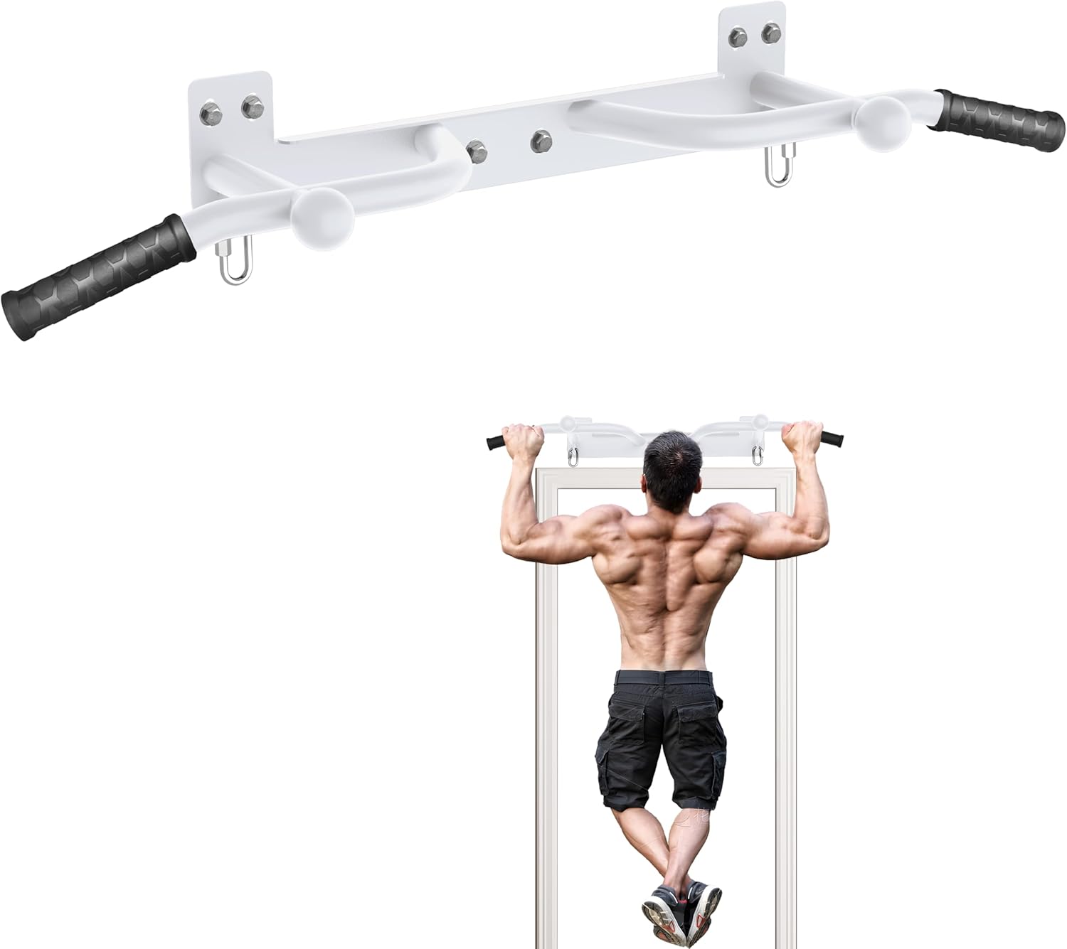 Wall Mounted Pull Up Bar - Heavy Duty Chin Up Bar, Pull-Up Bar for Garage, Joist, Wall Mount - Multifunctional Fitness Bar, Supports up to 600 Lbs White