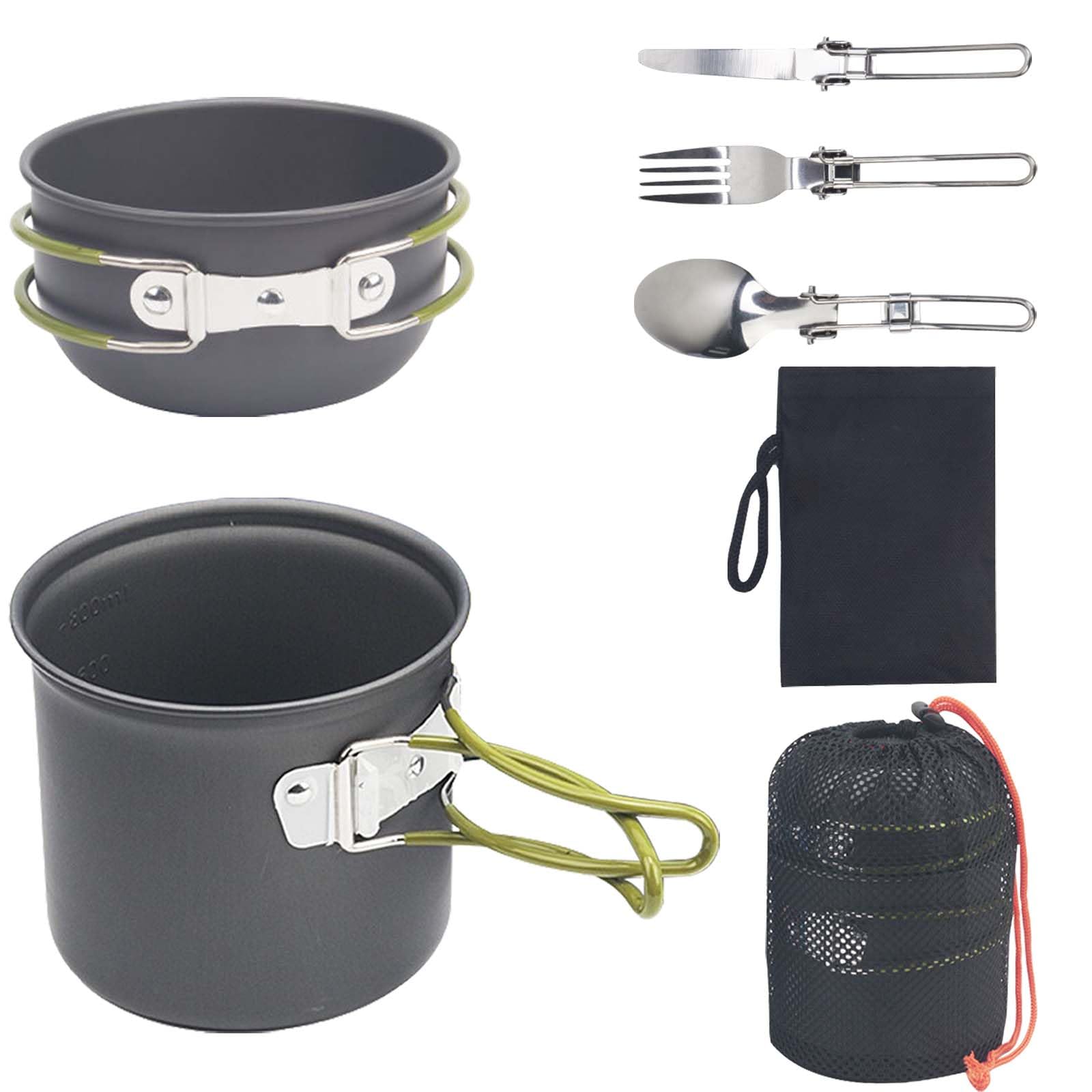 Camping Kochgeschirr Set für 1-2 Personen, Camping Geschirr Set aus Aluminium, Tragbare Camping Topf Pfanne Set mit Faltbare Besteck, Besteck Outdoor Topfset für Kochgeschirr Reisen Wandern