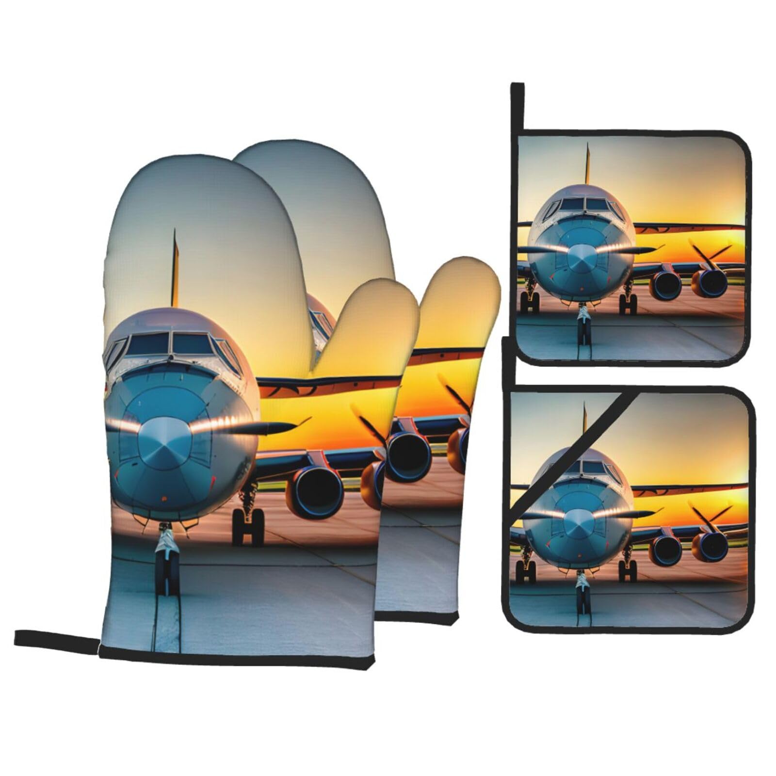 Aircraft Plane at Sunsets Print 4-Piece Heat-Resistant Oven Waterproof Kitchen Gloves Cooking Roasting Essential
