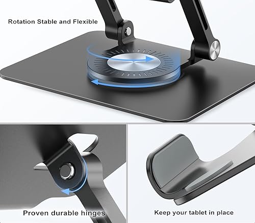 Miniatura 7 de Soporte para tablet con base giratoria de 360, soporte ajustable de aluminio para tableta de doble varilla para escritorio, compatible con iPad,