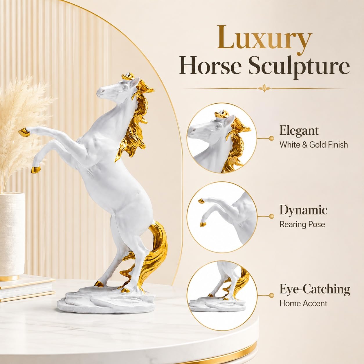 Estatua de Caballo Decorativa de Resina, Escultura Ecuestre Artística, Figura de Animal para Sala Oficina Repisa Chimenea Mesa, Decoración de Interiores y Colección,Blanca