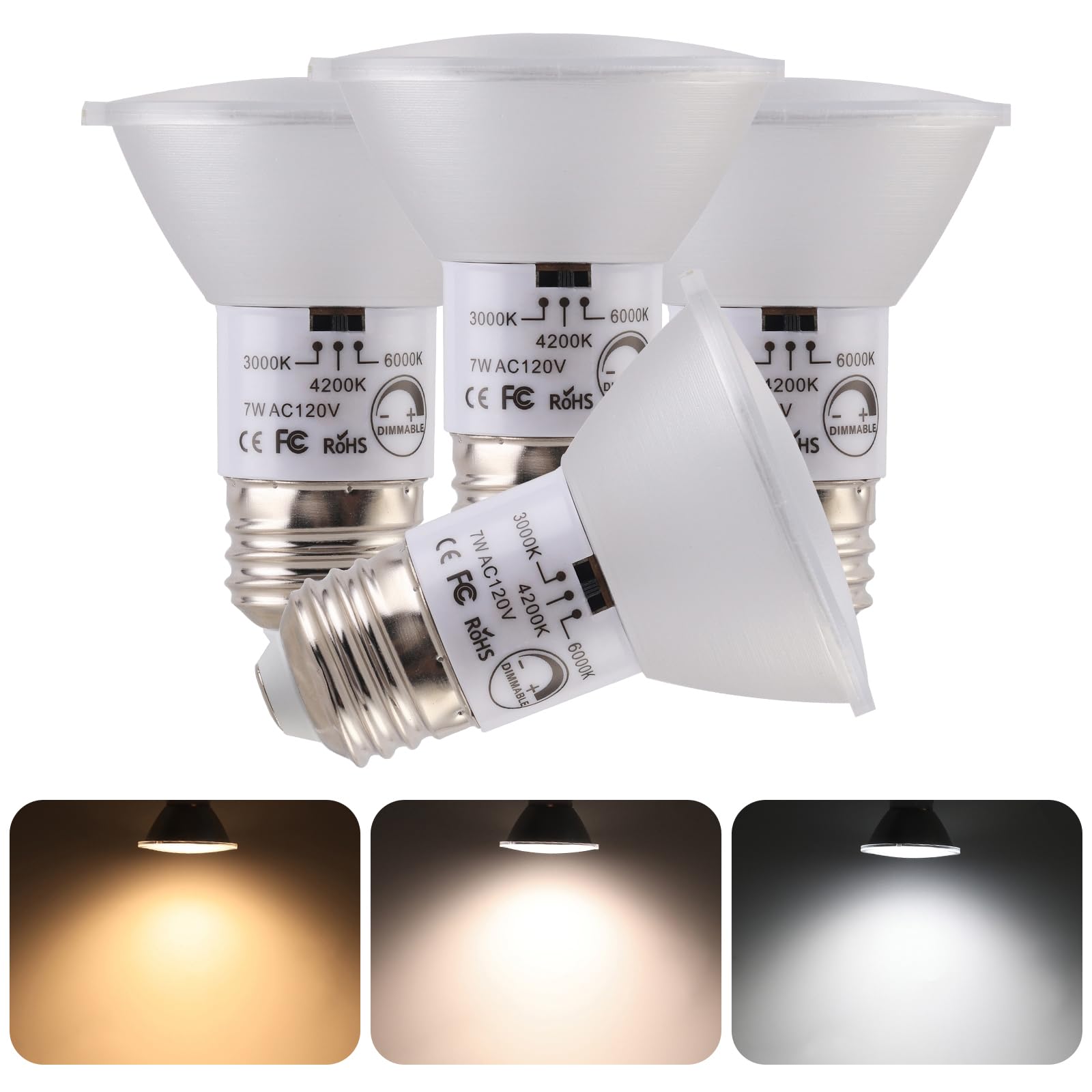 PAR20 LED Bulbs, Replacement 50W PAR20 Halogen Flood Light, Dimmable LED Spotlight Bulb,3 Color Selectable 3000K/4200K/6000K,7W 600 Lumens,Wet Rated E26 Standard Base. (7W 3CCT 4 Pack)