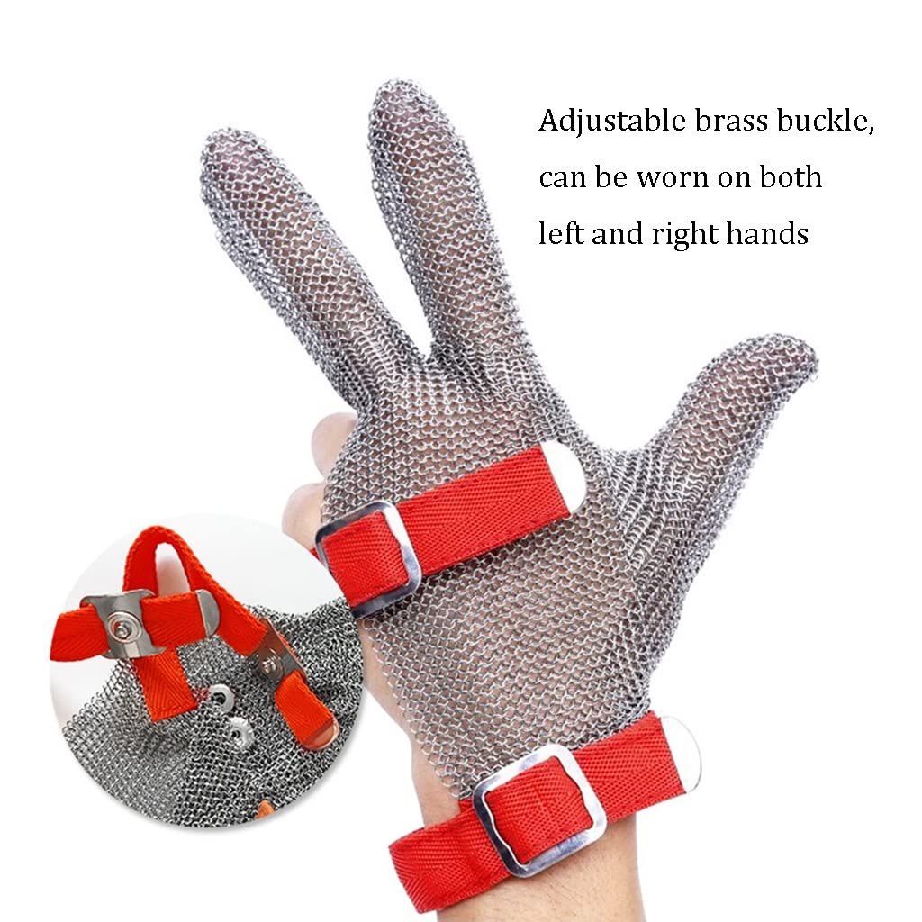 Guantes Resistentes al Corte de Tres Dedos de Acero Inoxidable, Guantes cómodos, Transpirables, Antideslizantes, Guantes de Alambre de Acero Protector de Grado 9 (Size : 2pcs/L)