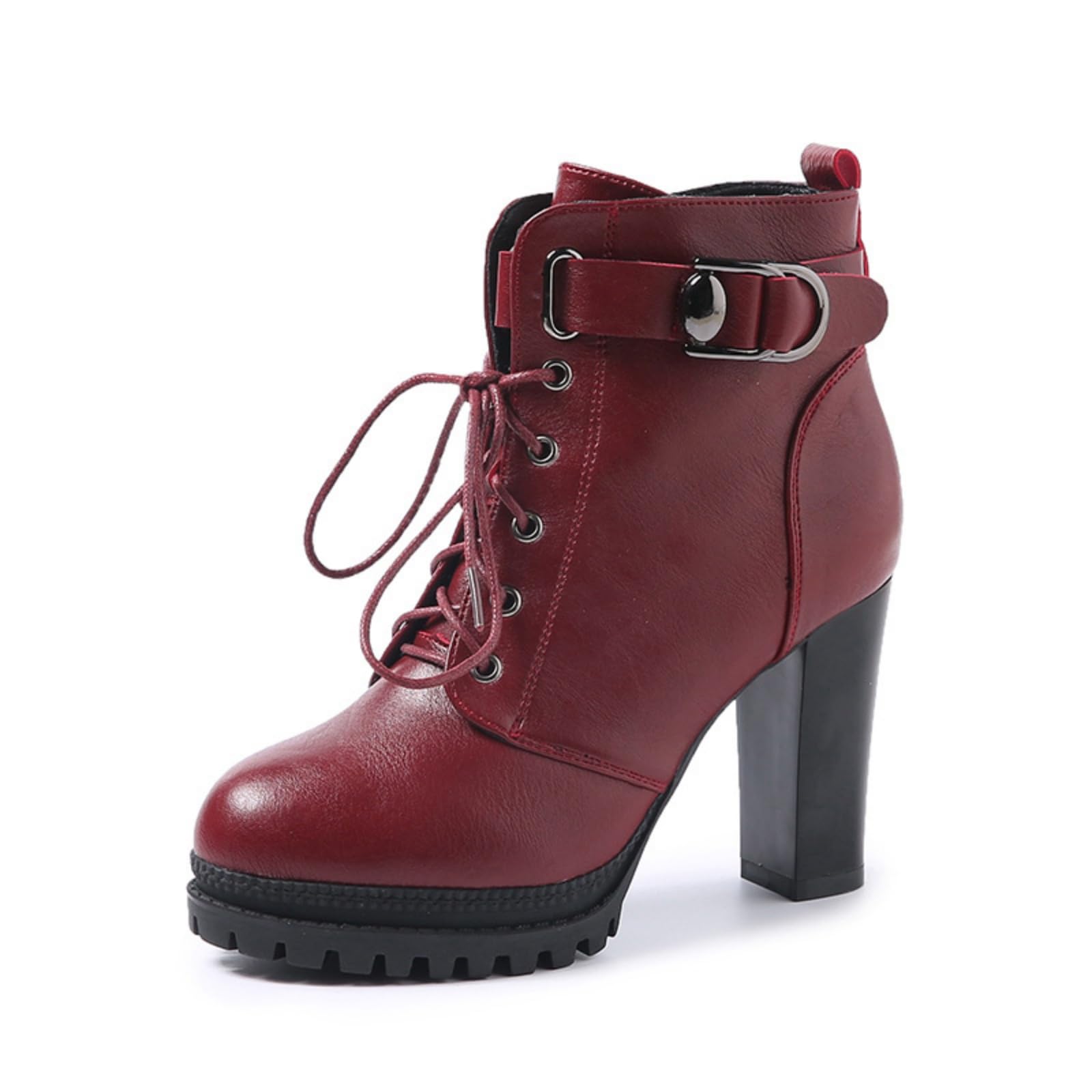 Womens Fashion Ankle Boots Casual Chunky Heel Lace Up Platform Booties Comfortable High Heel Leather Fall Winter Boots