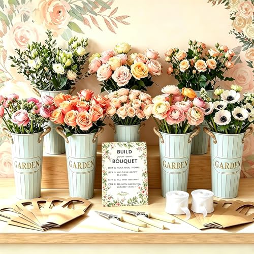 JIANAERQ Complete Floral Bar Set with 30 Kraft Paper Bouquet Bags 2 Floral Scissors 6 Flower Tubes 2 Rolls Ribbons & Paper Table Sign Wedding Bridal Shower Party Floral Arrangement Supplies