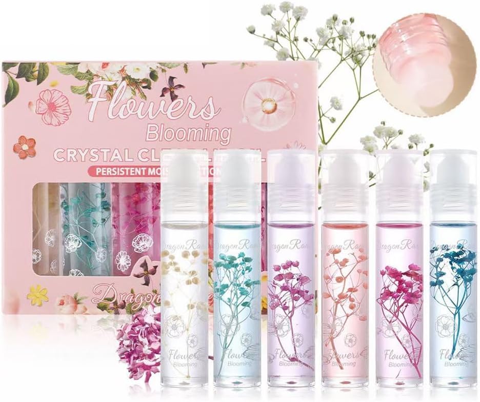 Roll On Lip Gloss Set 6 Packs Flower Jelly Lip Oil Long Lasting Moisturizer Lip Blam with Real Flowers Glossy Lip Make-up for Dry and Chapped Lips