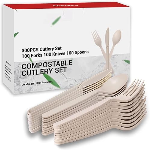 Juego de cuchillos de tenedor de cuchara compostable, juego de 300 utensilios desechables a base de plantas de maíz, juego de plástico rizado