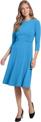 London Times Women's Dresses Crepe Fit and Flare Midi with Waist Button Detail O