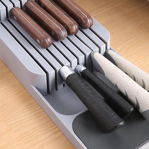 Organizador de Facas para Gaveta de Armário de Cozinha Com Base de apoio até 9 Facas suporta (CINZA)