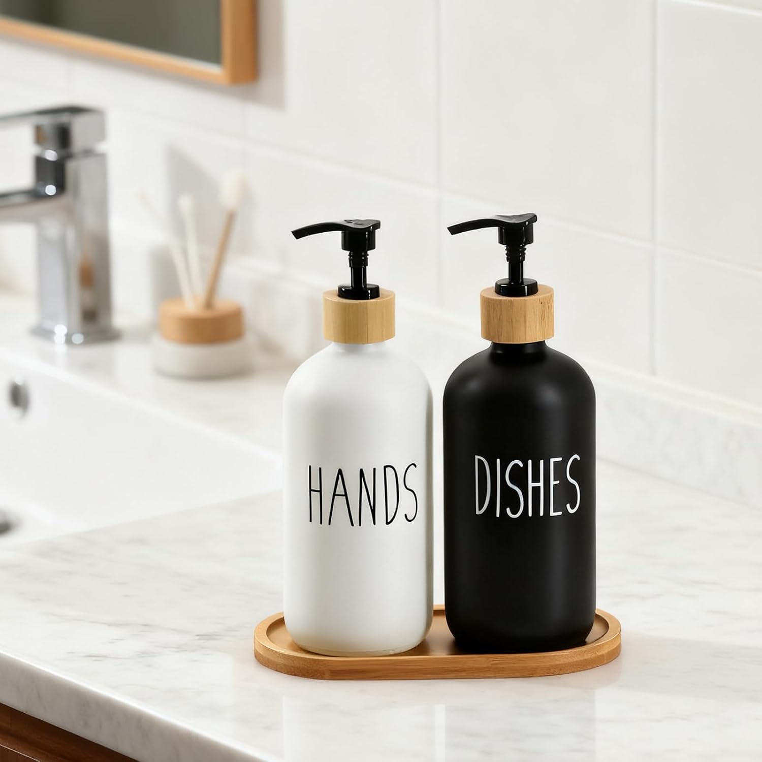 16Oz Black & White Glass Soap Dispenser with Bamboo Tray, Reusable for Hand and Dish Soap, Farmhouse Decor for Kitchen & Bathroom (2 Pack)