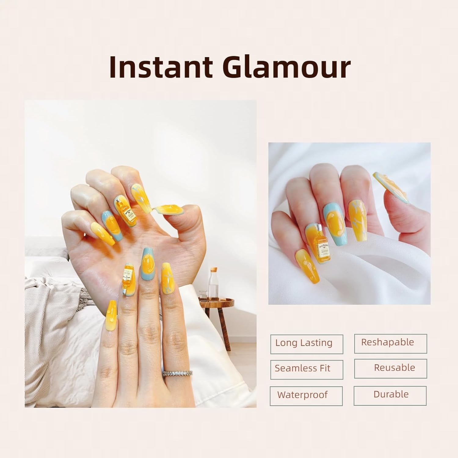 Nails Handmade Medium Long Coffin | Hand Painted Nails For Tipsy Summer Day | Reusable False Nails 10 Pcs (Tipsy Summer Day, L)