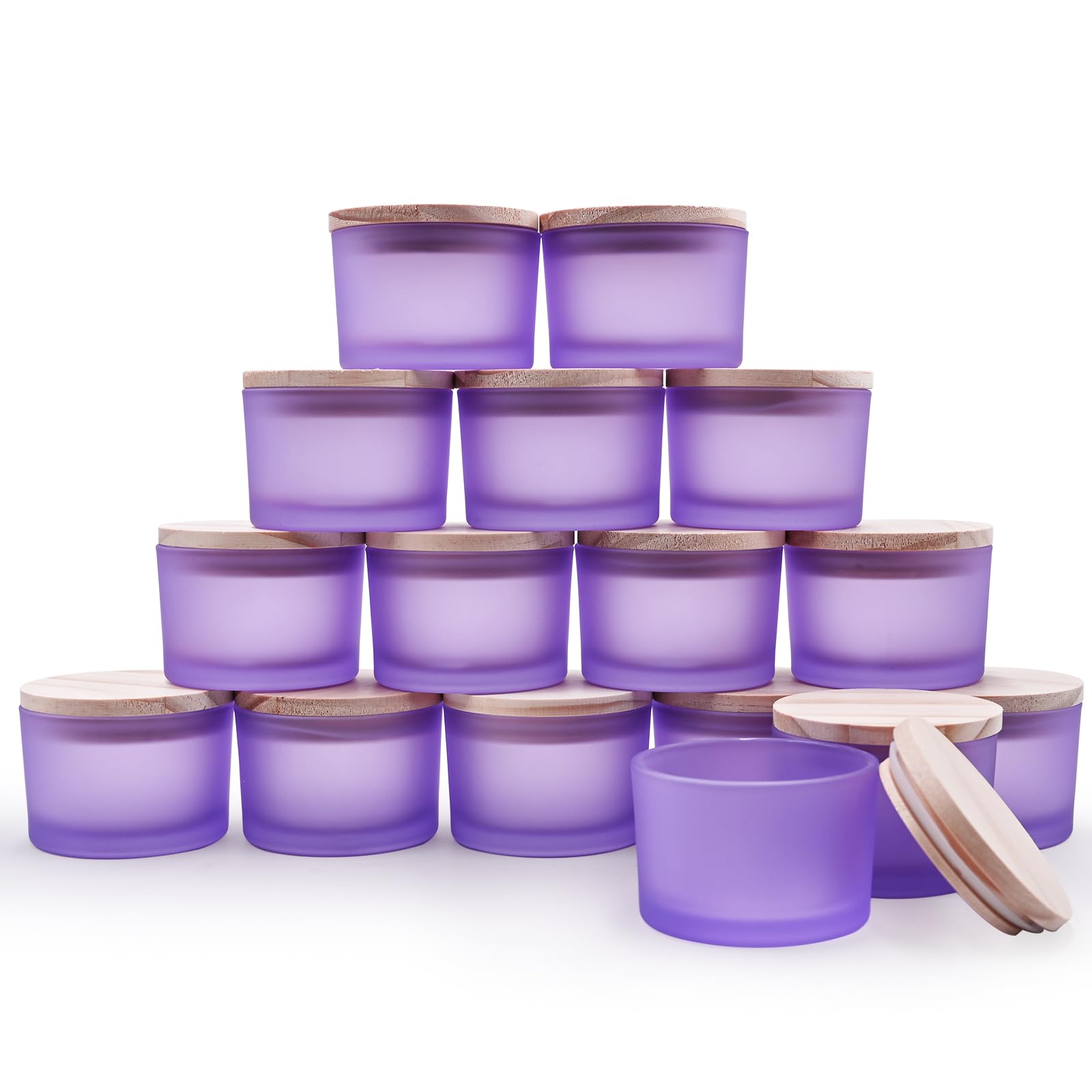 SHOWIN Thick Candle Jars for Making Candles 16 Pcs, 4 OZ Empty Jars with Wood Lids for Candle Making, Sample Container - Dishwasher Safe, Frosted Purple