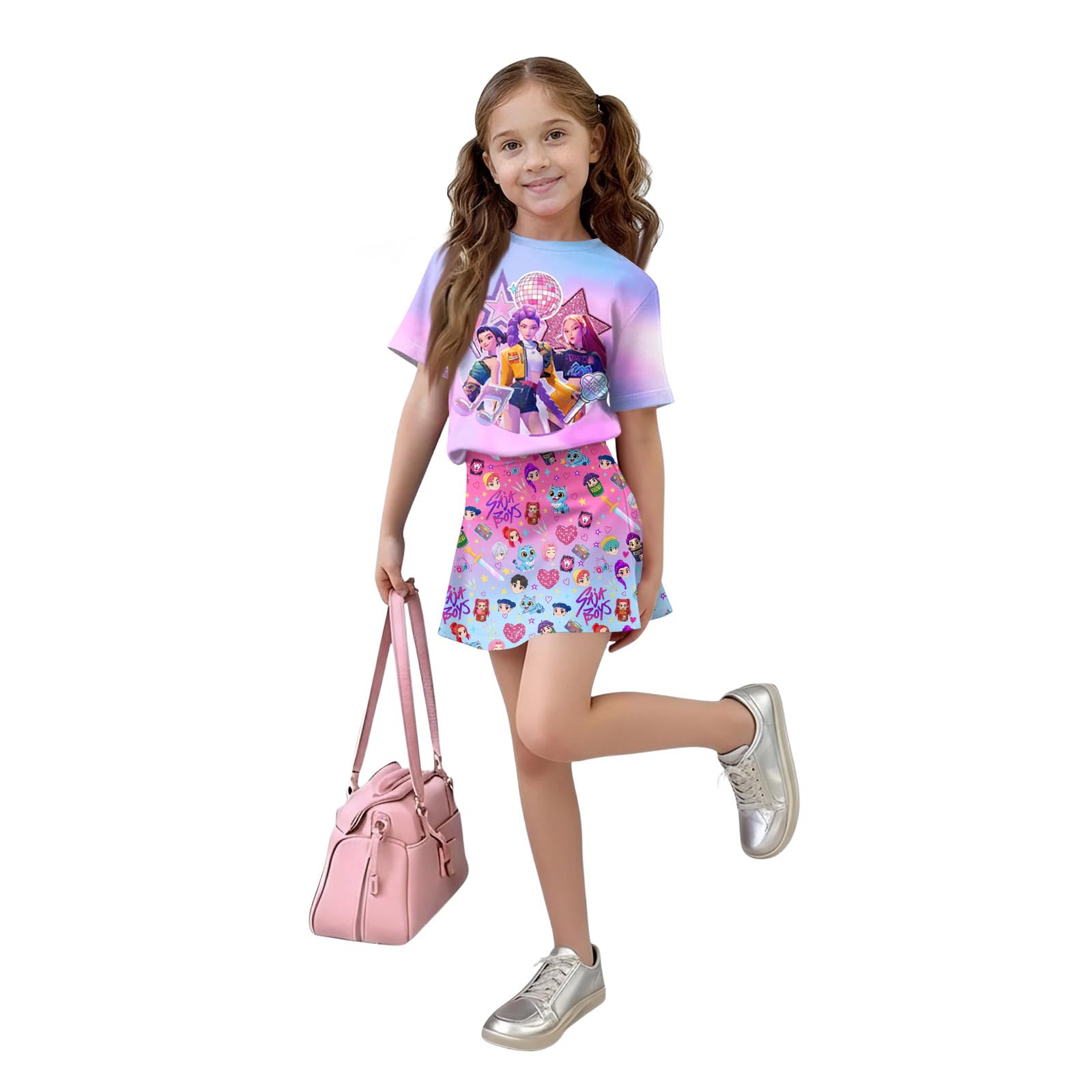 Girls 2-Piece Anime Outfit Set, Short Sleeve Graphic T-Shirt and Printed Skirt Set — view 4