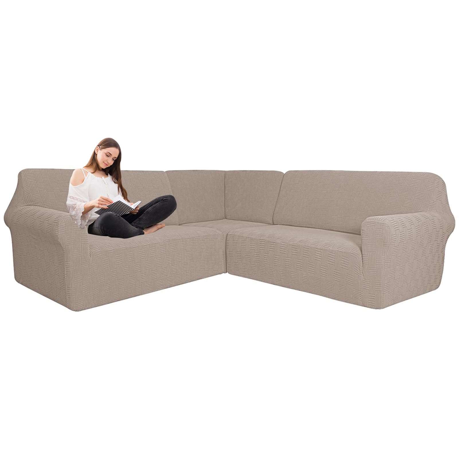 JUNLEBUYI Stretch Jacquard Corner Sofa Slipcover, 3 Pcs L Shape Couch Covers for Sectional Corner Sofa 5/7 Seater, Sectional Couch Protector for Living Room (Khaki,7-Seater)