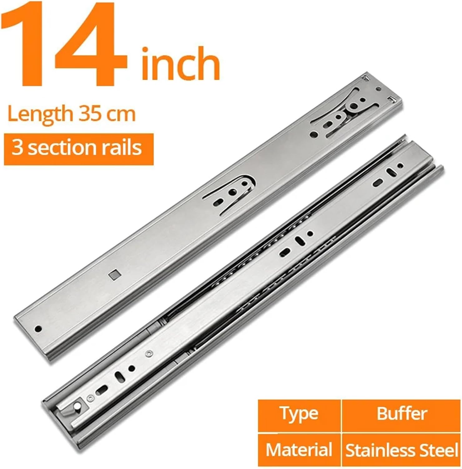 Hardware Full Extension Side Mount Drawer Slides 10-22" Three-Section Stainless Steel Drawer Rails Soft Close Buffer Damper(Buffer 14inch 35cm)