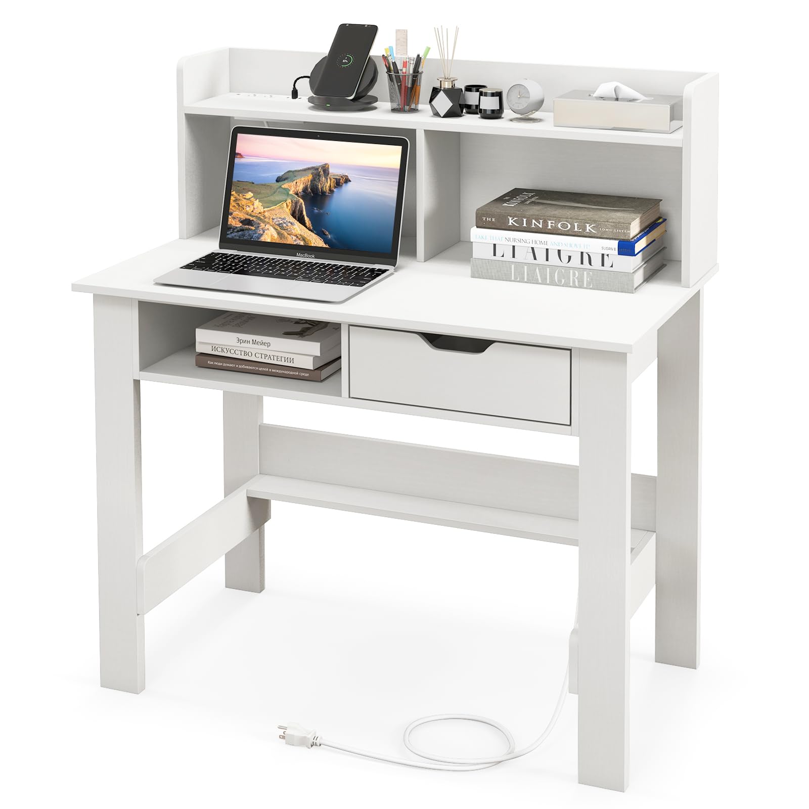 COSTWAY Escritorio con Cajon y Estante Abierto, Mesa Escritorio con Estación de Carga Integrada, stante Superior, Escritorio Juvenil Estudio Dormitorio, 95 x 56 x 109,5 cm (Blanco)