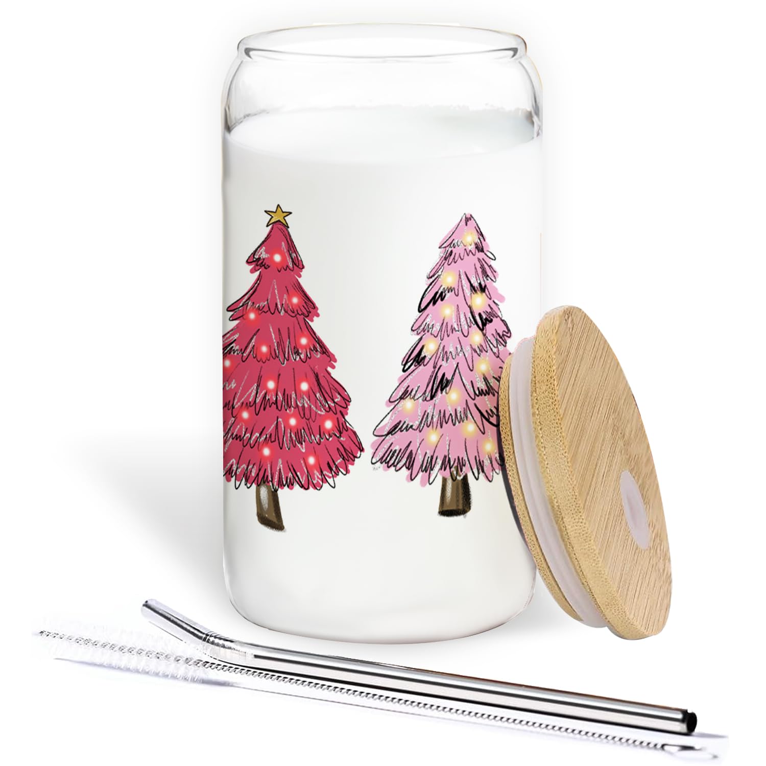 BEHIFL Christmas Tree Glass Cup,Christmas Coffee Can Glass With Lid And Straws 14oz,Xmas Tree Drinking Glasses Coffee Cups Water Bottles Gift For Women Kids Men,Glass Cup For Christmas Decor