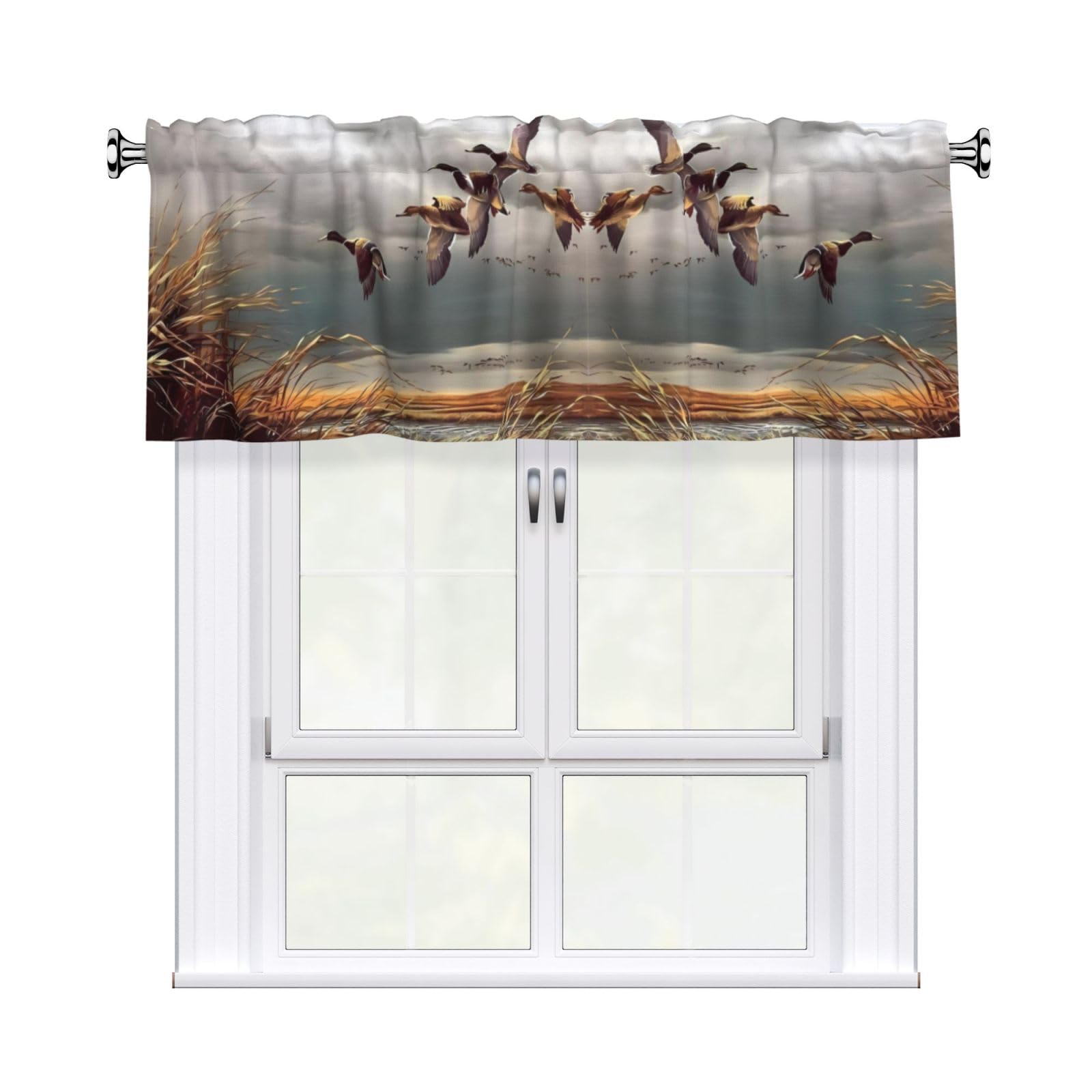 WHJDPP Hunting Flying Wild Ducks Prints Charming Kitchen Window Cover – 54x18 Inch Peach Skin Valance with Decorative Print