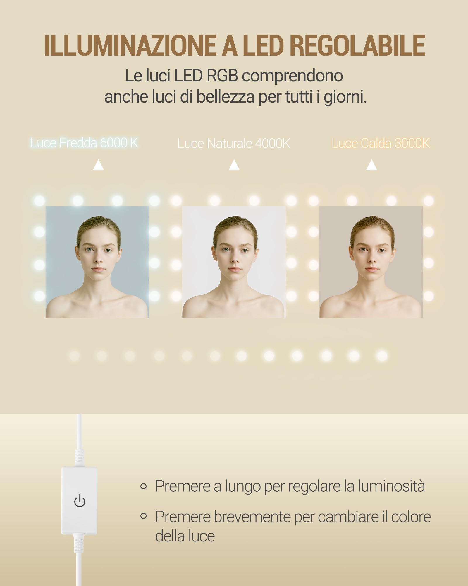 Hzuaneri 120 cm Toeletta da Trucco con 8 cassetti, Grande Specchio con Illuminazione LED RGB, Luminosità Regolabile, Contenitore per Gioielli Integrato, Piano di Lavoro Largo con Comodino, Bianco