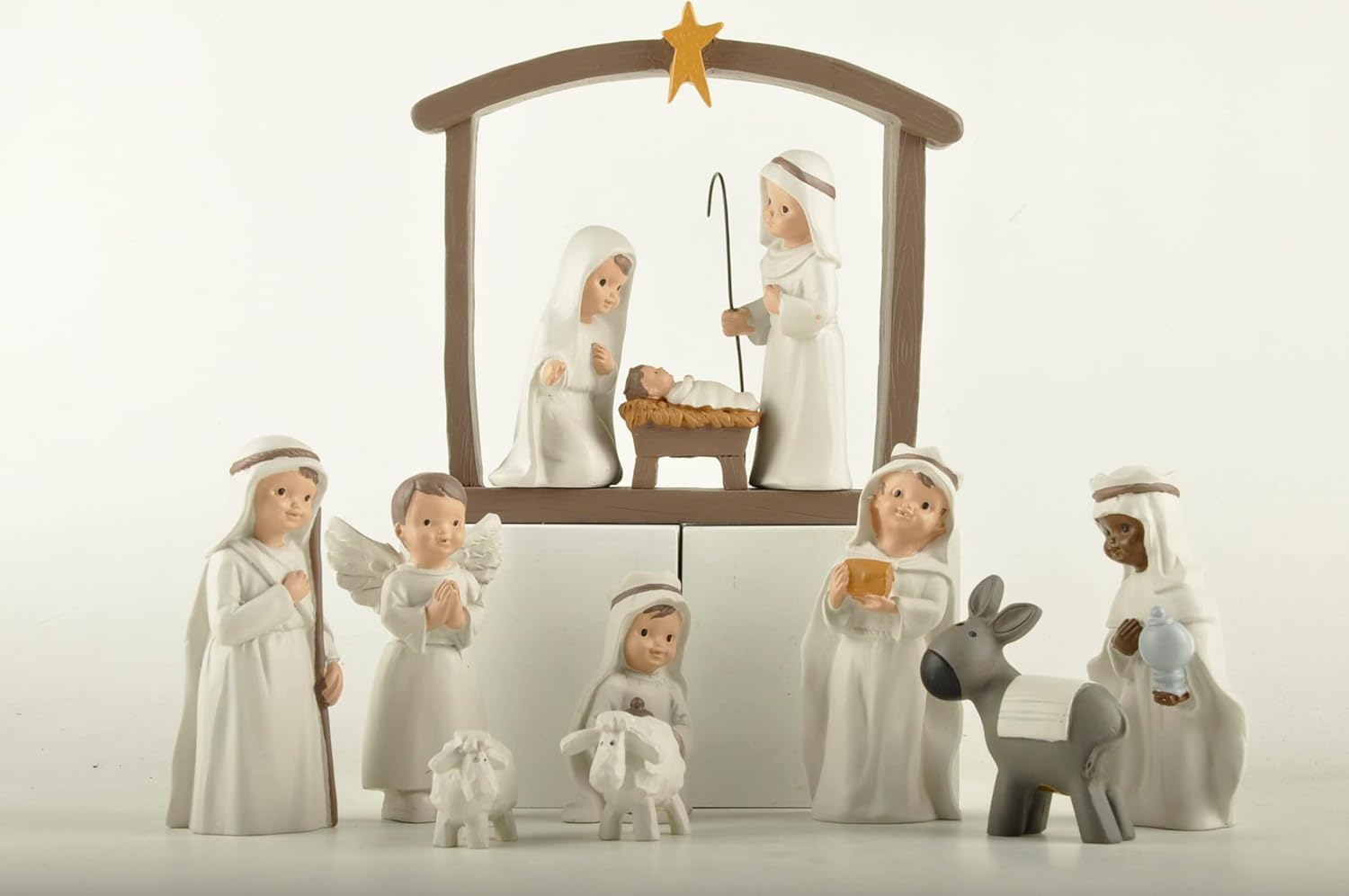 MeritMode Weihnachtskrippen-Set, 12-teilig Heilige Familie Figur handbemalt Mini Deko religiöse Weihnachtsfiguren Krippenfiguren Krippenfiguren inkl. Jesuskind, Maria und Josef, Kunstharz, cremeweiß