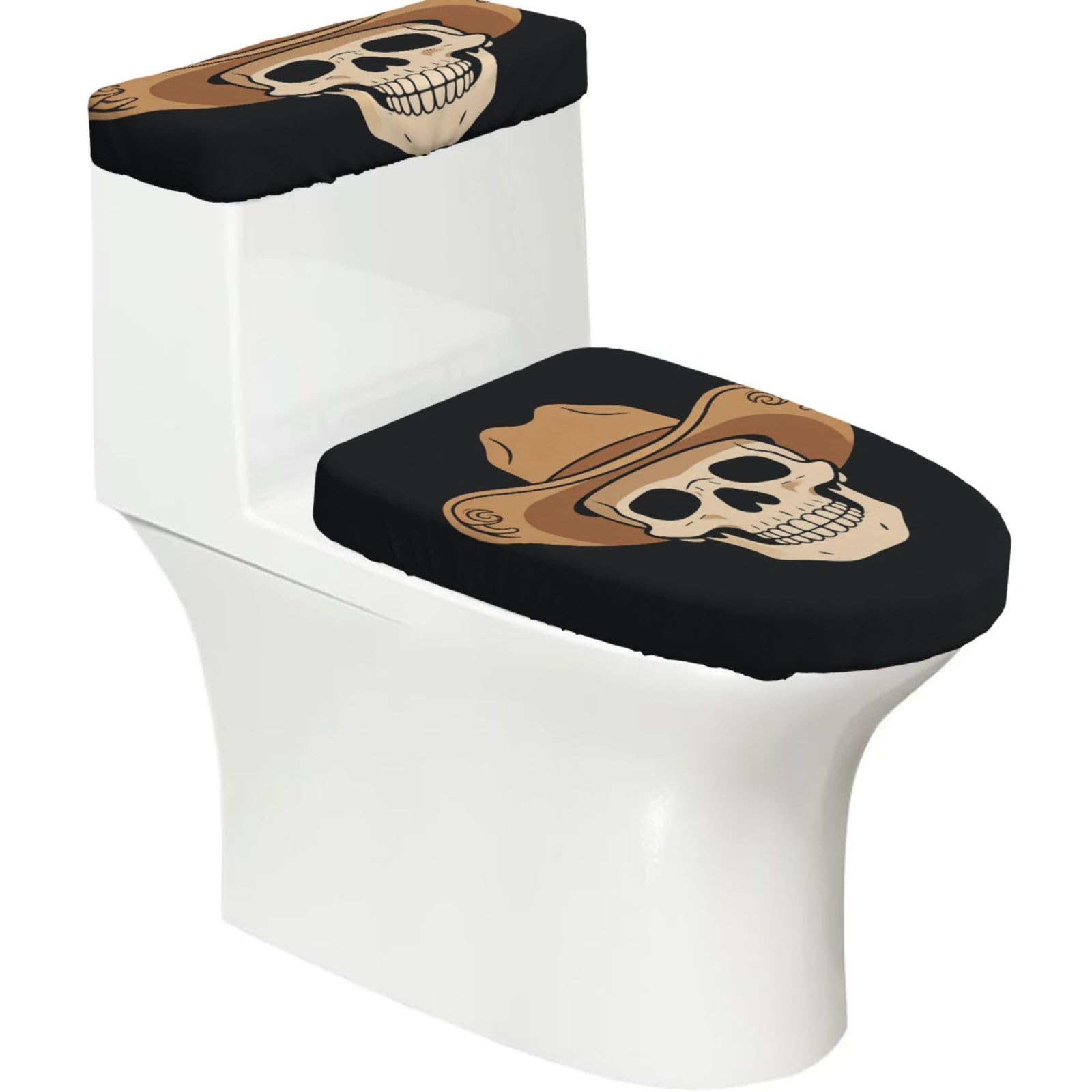 Cowboy Skull Flat Elastic Toilet Cover Set of 2-Stretchy Lid and Tank Covers for Bathroom, Soft Washable U Shape Toilet Decor