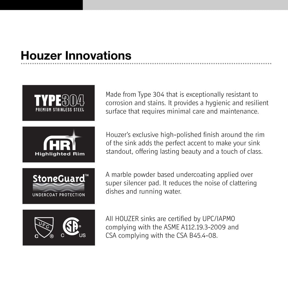 Houzer STD-2100-1 Eston Series Fregadero de cocina de acero inoxidable 50/50 de doble cuenco, calibre 18