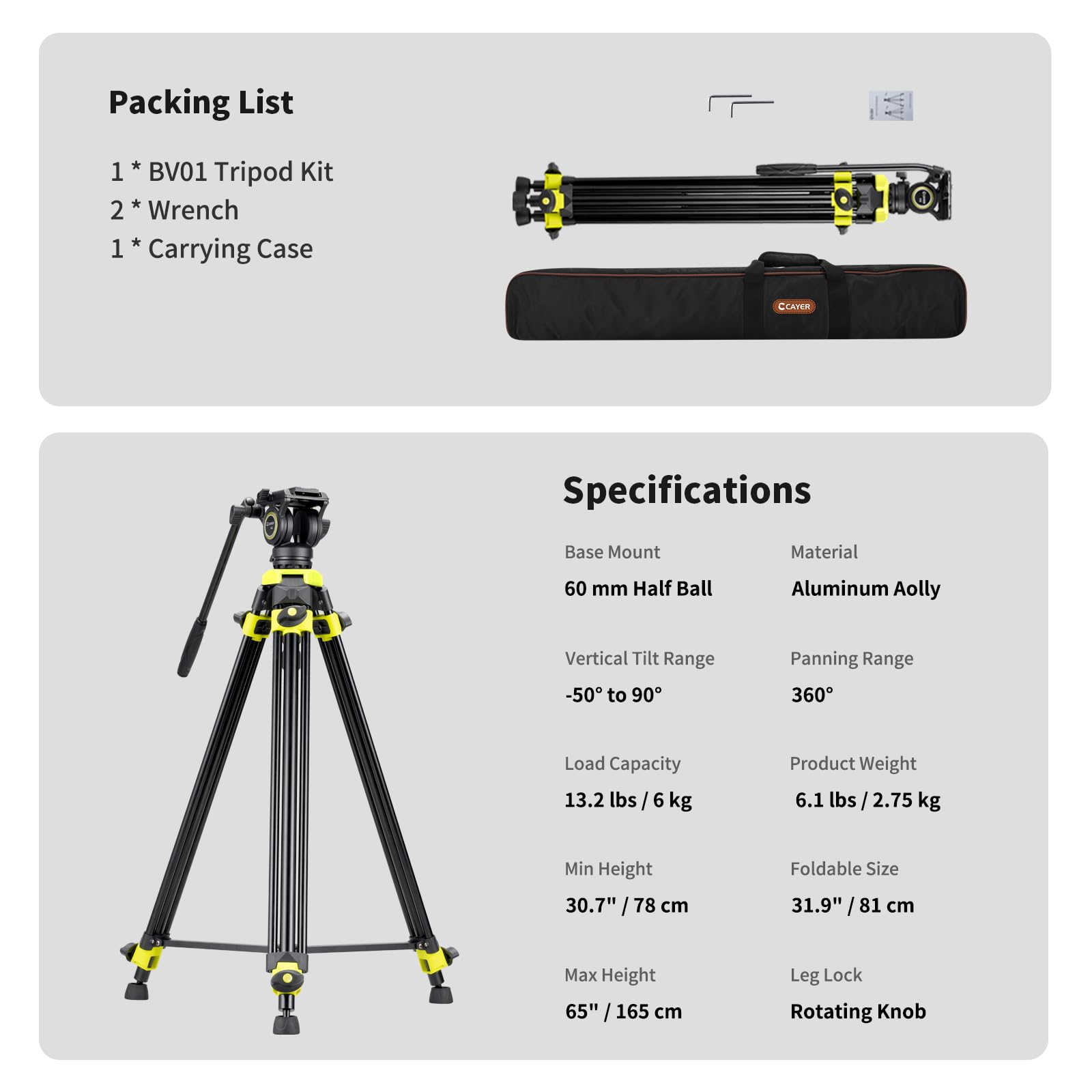Cayer BV01 Treppiede Video Compatto con Testa Fluid - Treppiede Professionale 165 cm con, Treppiede da Viaggio Leggero in Alluminio, Carico Massimo 6 kg per DSLR, Camcorder, Fotocamera
