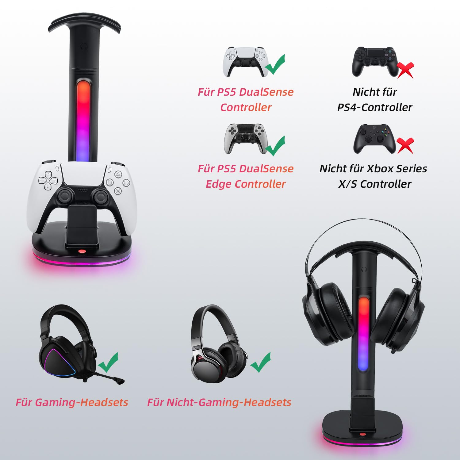 Game Controller Halter/Headset Ständer mit Ladestation für PS5 DualSense Controller, Kopfhörer Halter Gaming Zubehör mit 2 USB Anschlüss für PlayStation 5 DualSense Edge Controller Ladegeräts
