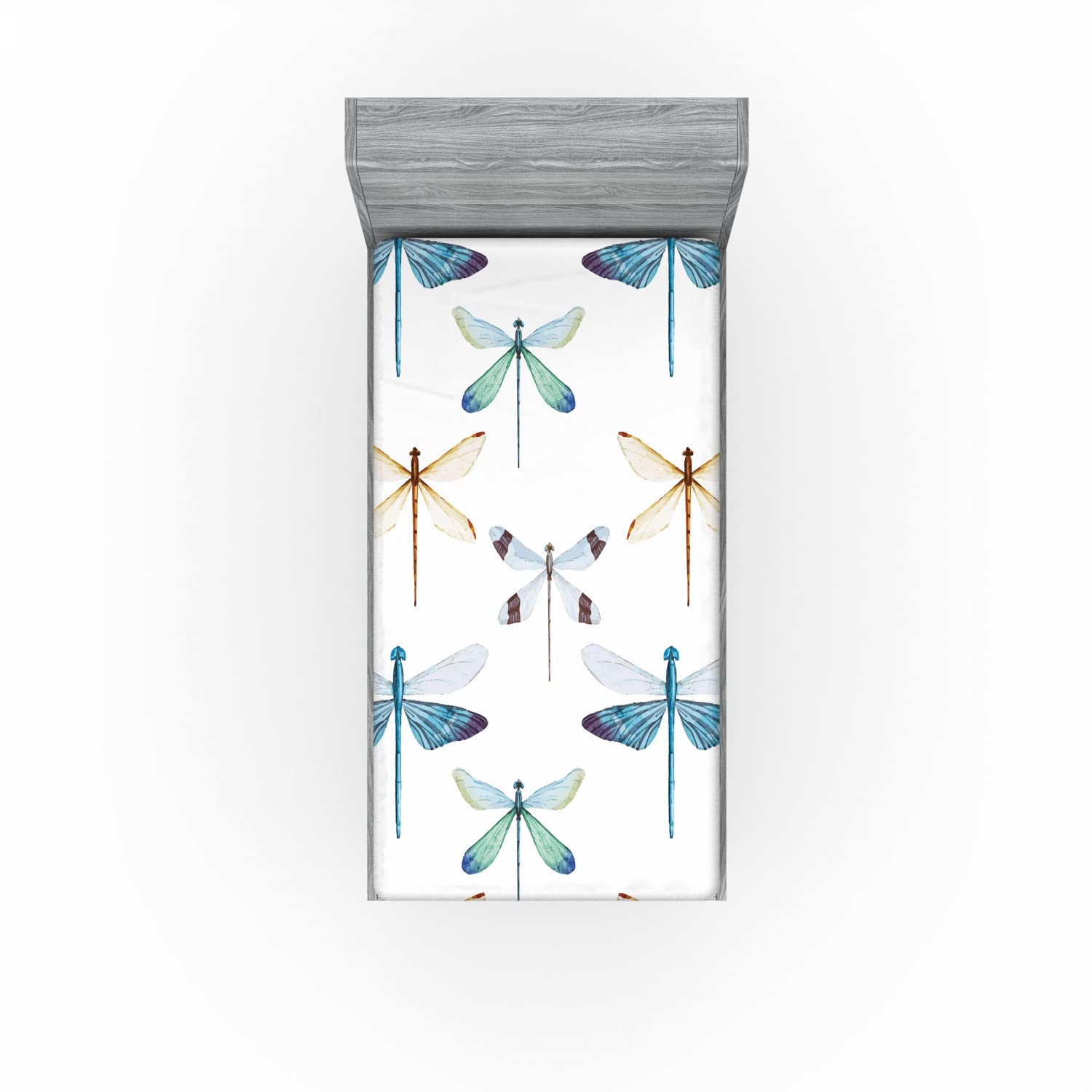 Ambesonne Dragonfly 2 Pack Fitted Sheet, Regular Lines Insects, Bed Cover All-Round Elastic Deep Pockets 2 Pieces, Package Contains 2 Twin Size Fitted Sheets, Blue and Orange