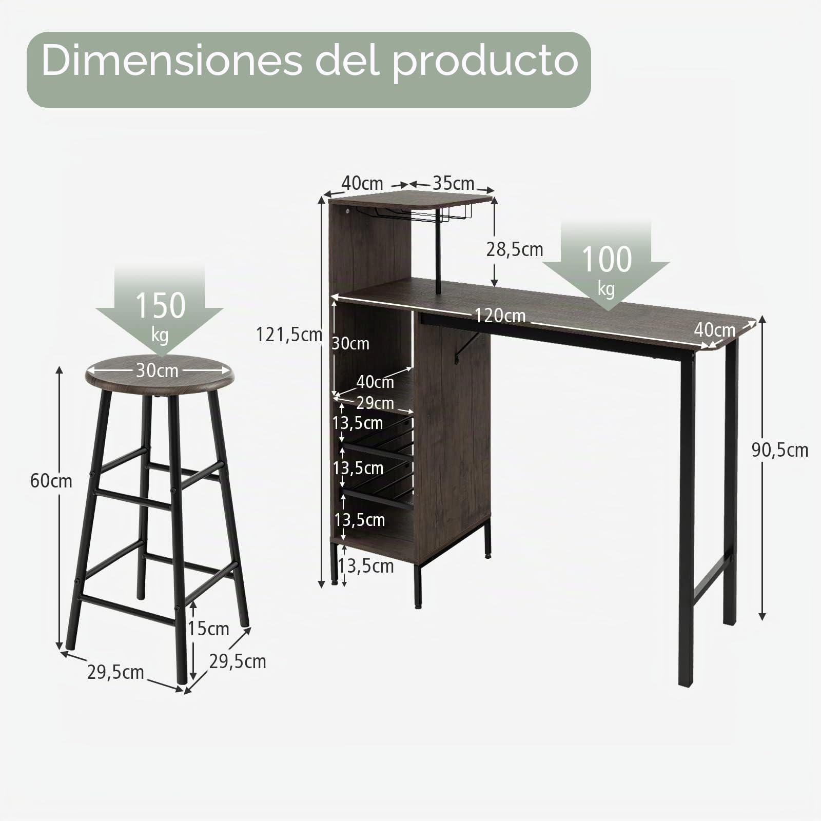 RELAX4LIFE Juego de Mesa Comedor de 3 Piezas, Mesa de Comedor con 2 Taburetes de Bar, 3 Estantes, Soportes para Copas y Portabotellas de 2 Niveles, Mesa Alta Cocina de MDF, 120x40x121,5cm (Marrón)