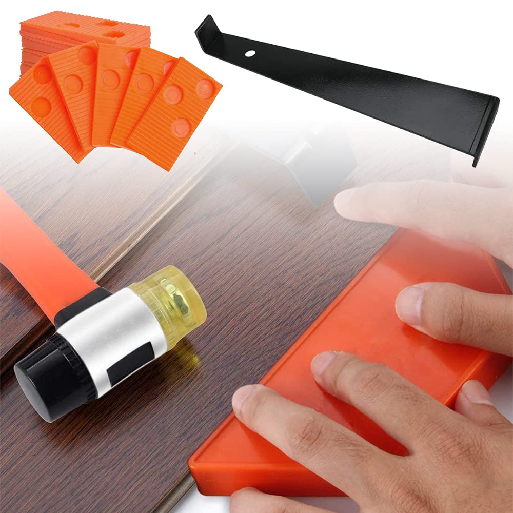 Kit de instalación de suelos de madera laminada con 40 espaciadores, mazo de doble cabeza, bloque de roscado y barra de tracción (naranja)