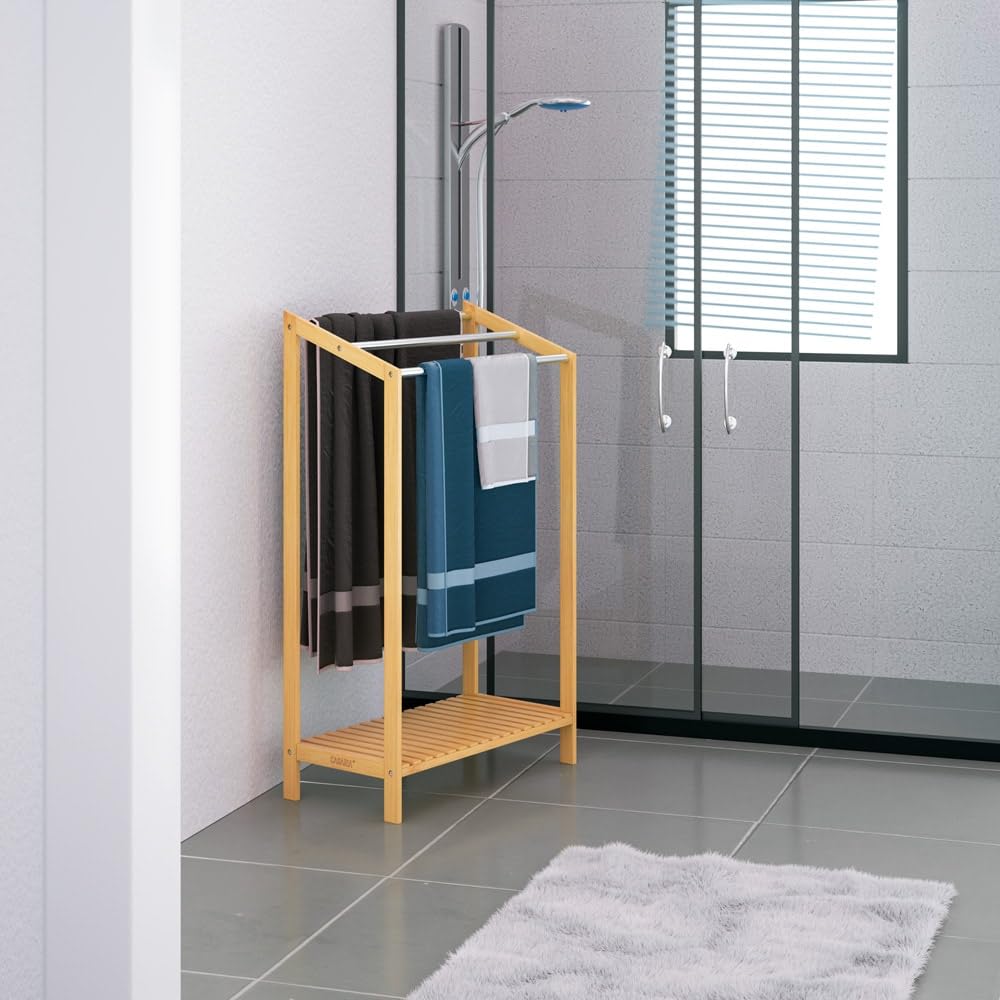 Porte-Serviettes en Bambou sur Pied avec 3 Barres en Acier Inoxydable Étagère de Rangement Salle de Bain
