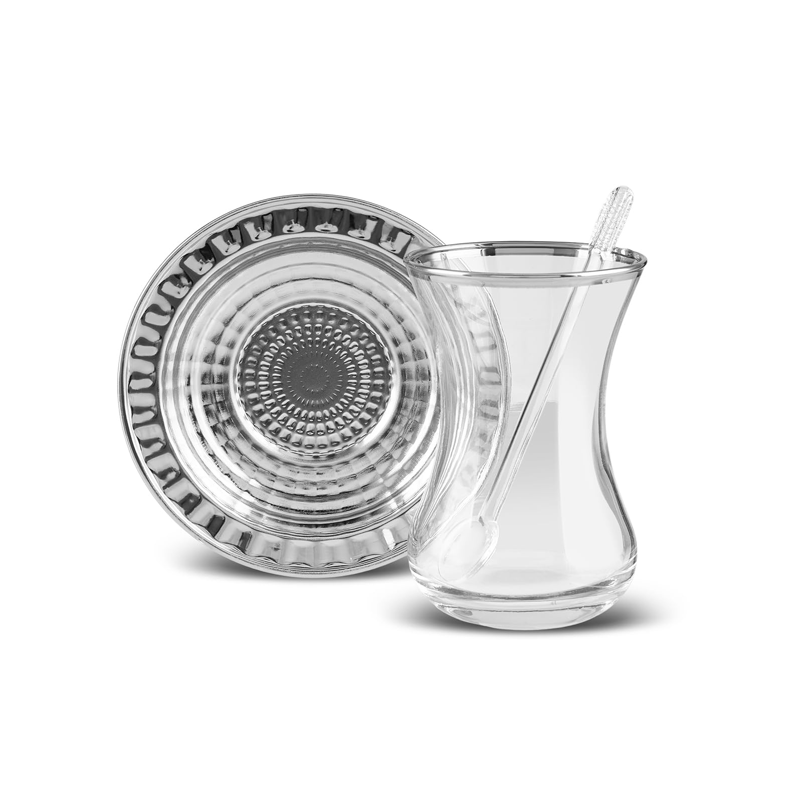 Karaca Deniz Türkische Teetassen 19er Set, Türkische Teegläser Tassen und Untertassen für 6 Personen, inklusive Tablett, Untertassen, Teelöffel, 130ml