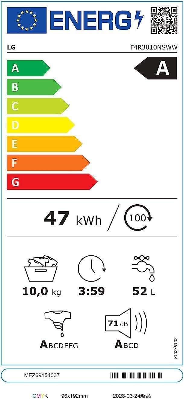LG AI DD F4R3010NSWW Lavatrice Classe A -10%, Carica Frontale Serie R3, Lavatrice 10kg, 1400 giri, AIWash, Lavaggio a vapore, Motore Direct Drive, Smart Diagnosis, Libera installazione, Bianca