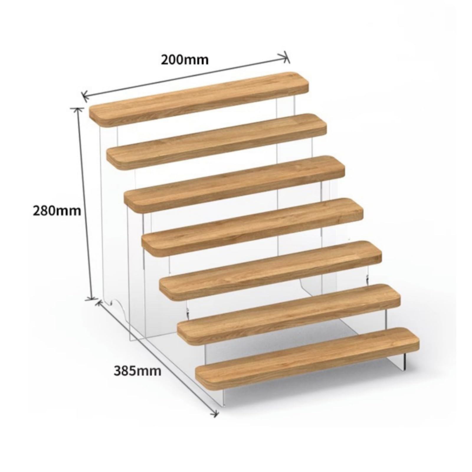 Rack Espositivo con Ripiani in Legno Montanti in Acrilico Moderno Espositore a Gradini da Tavolo Elegante per Ufficio, Casa , 7 Livelli