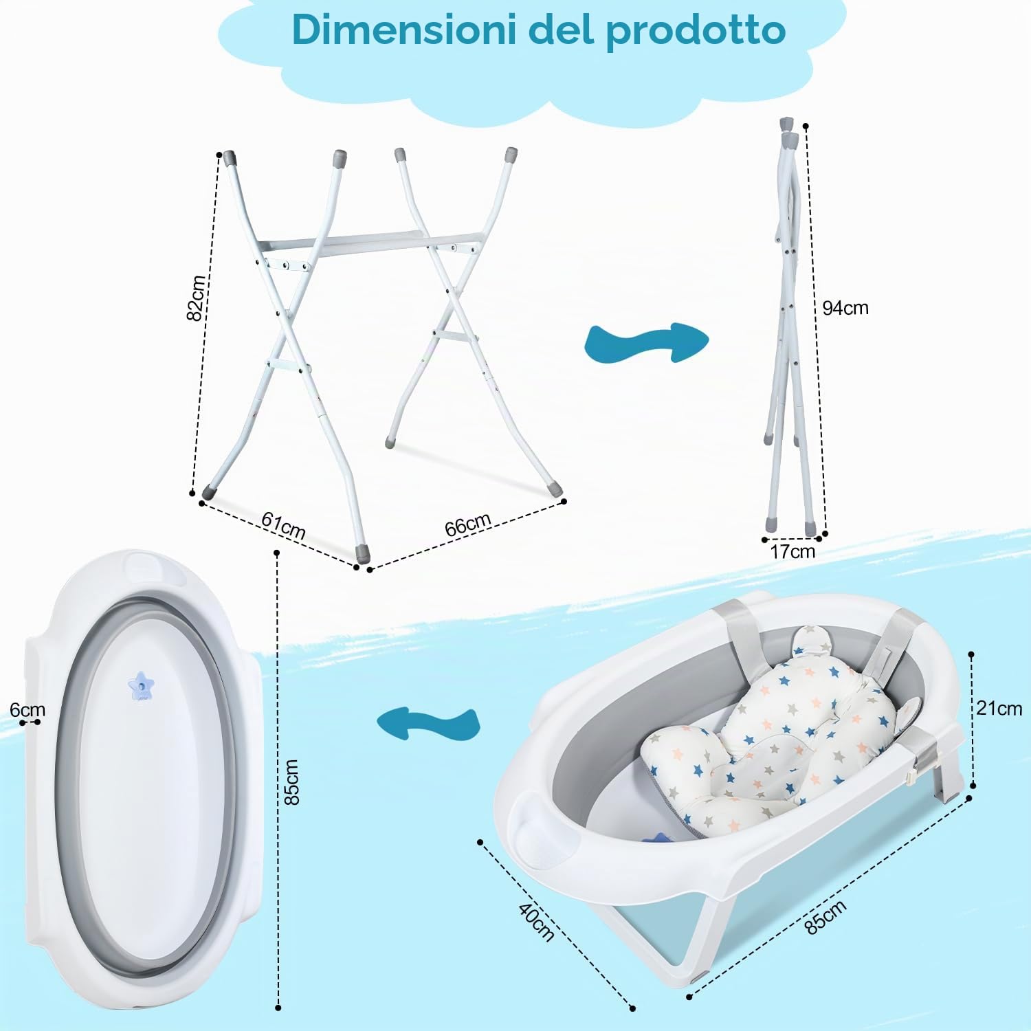 Ikodm Vasca da Bagno per Neonati con Supporto, Vasca da Bagno con Tappetino da Bagno, Scarico, Supporto, Vasca da Bagno Pieghevole, Vasca per Bambini con Supporto Sicura per il Tuo Neonato - Vasca da